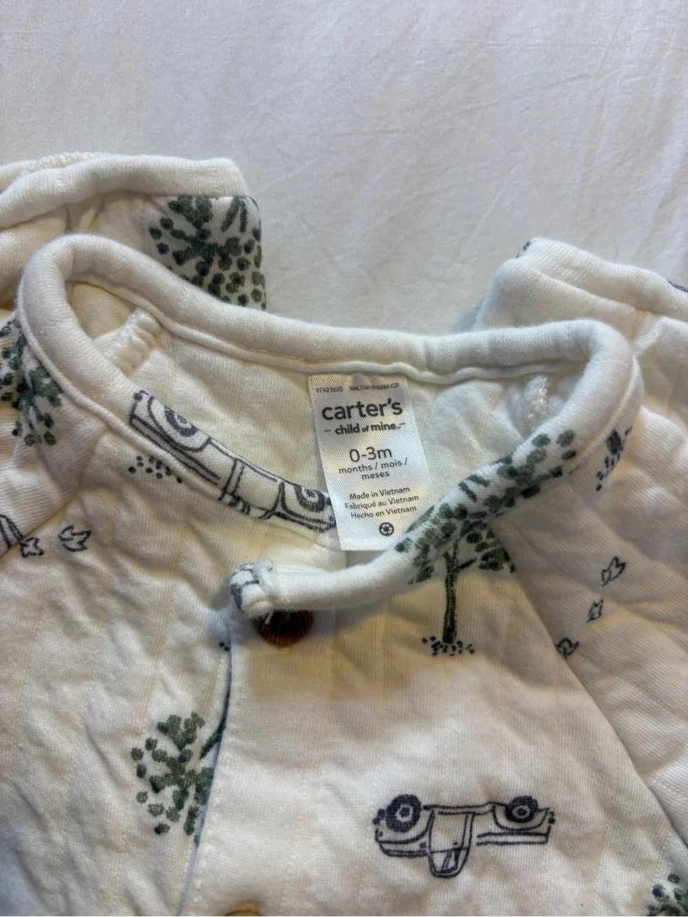 Carter's Cream Quilted One-Piece with Green Tree and Black Truck Print